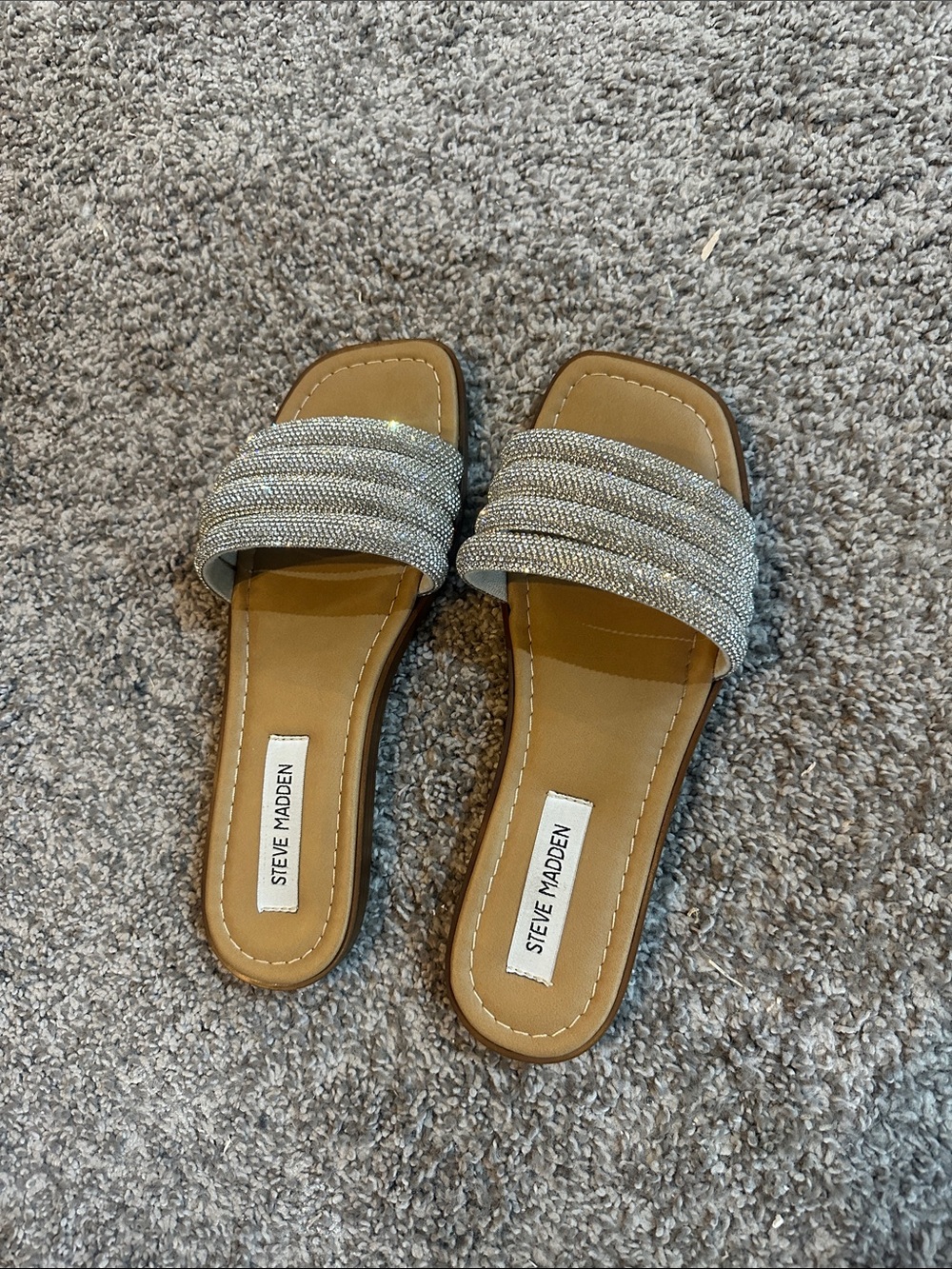 Steve Madden Silver Crystal-Embellished Slide Sandals - Women